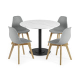 Dining set with four grey chairs and round white tabletop with black pedestal base