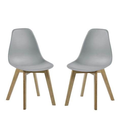 Pair of light grey plastic chairs with light wooden legs on white background side by side