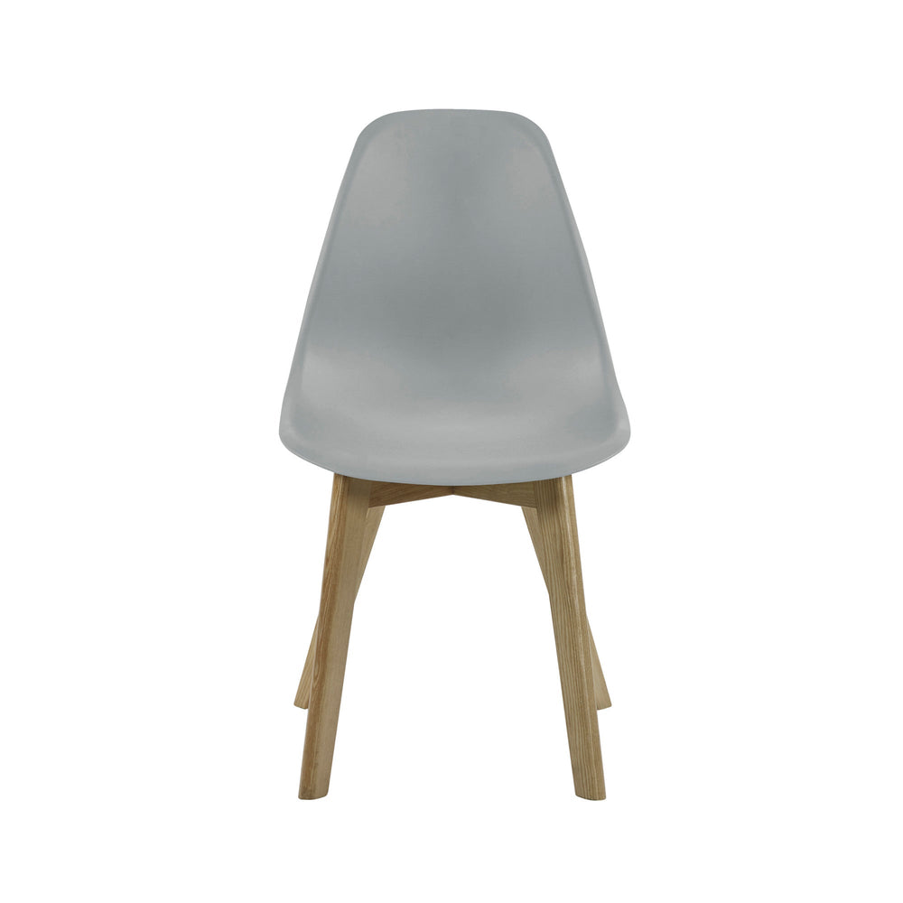 Agatha dining chair with grey plastic molded seat and natural wood angled legs, front view