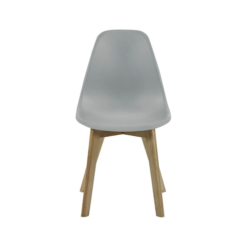 Agatha dining chair with grey plastic molded seat and natural wood angled legs, front view
