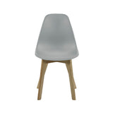 Agatha dining chair with grey plastic molded seat and natural wood angled legs, front view