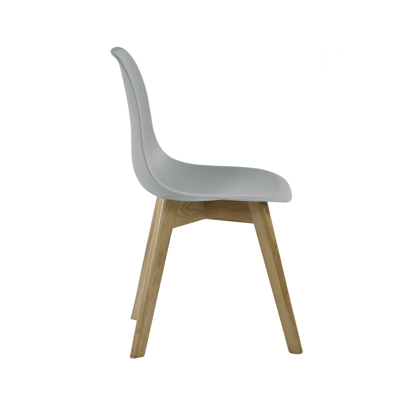 Side profile of grey plastic dining chair showing curved backrest and natural wood legs
