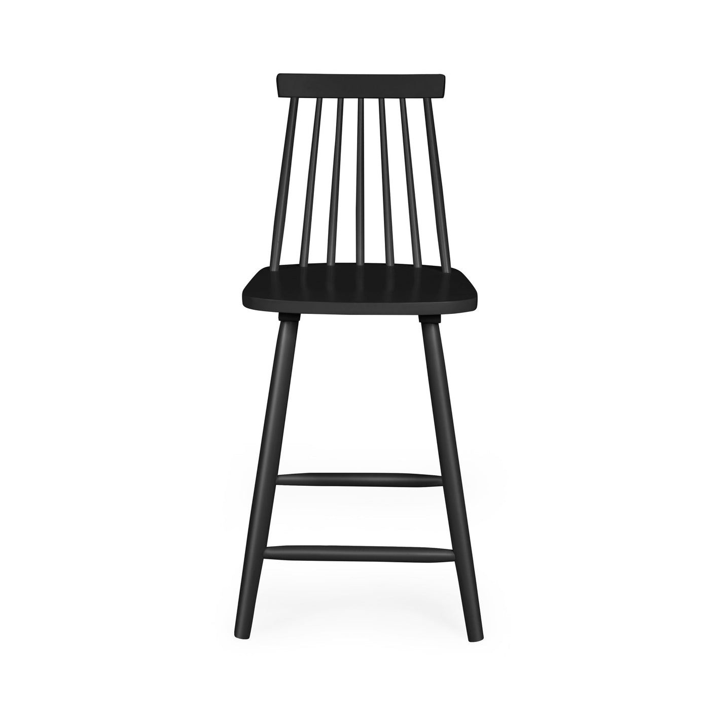 Black wooden bar stool with spindle back shown from front view on white background.