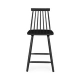 Black wooden bar stool with spindle back shown from front view on white background.