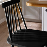 Close-up of black wooden bar stool top corner showing spindle back and seat corner.