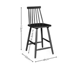 Black wooden bar stool with spindle back and dimensions marked for height, width, and depth.