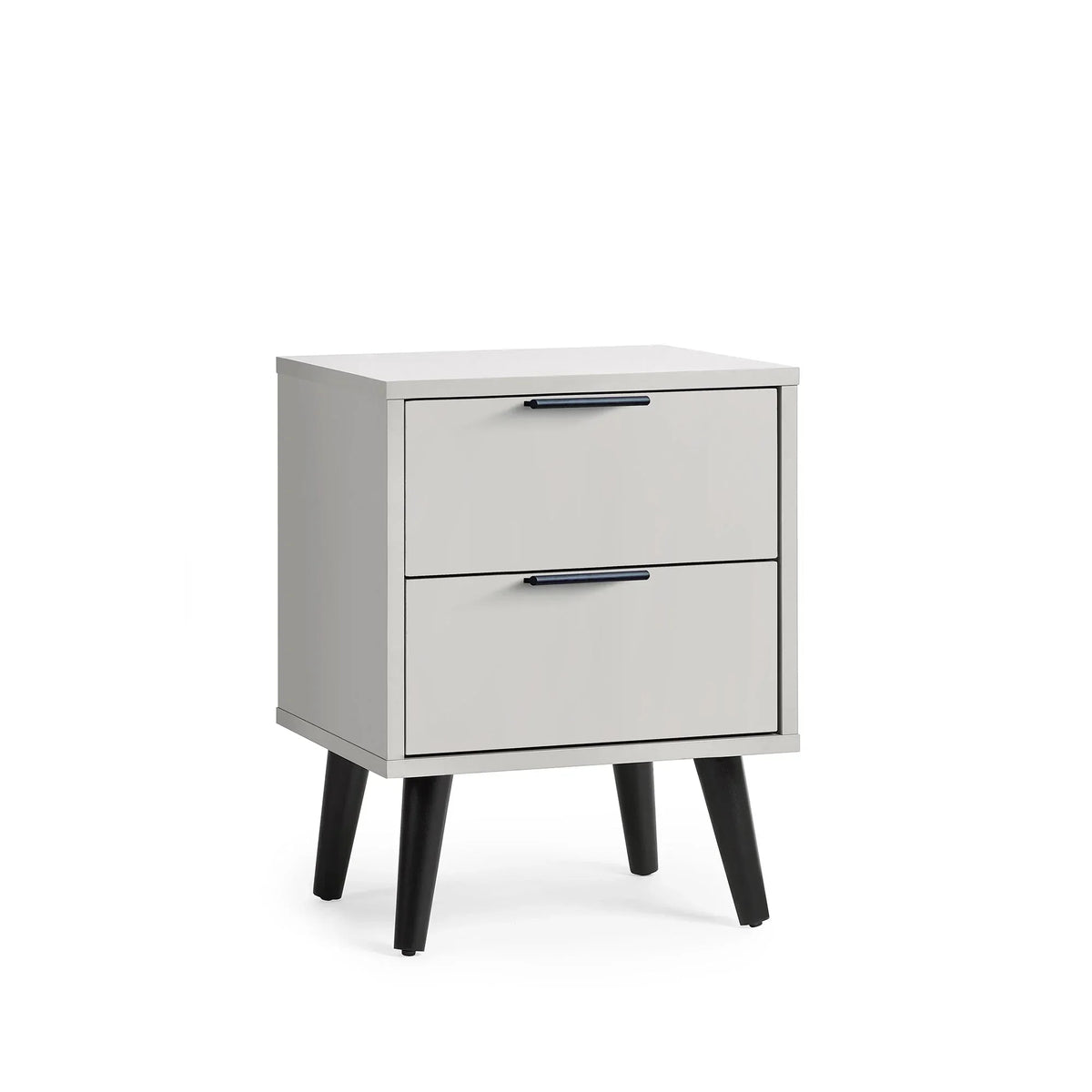 Silk grey two drawer bedside cabinet with black legs and handles, angled front view