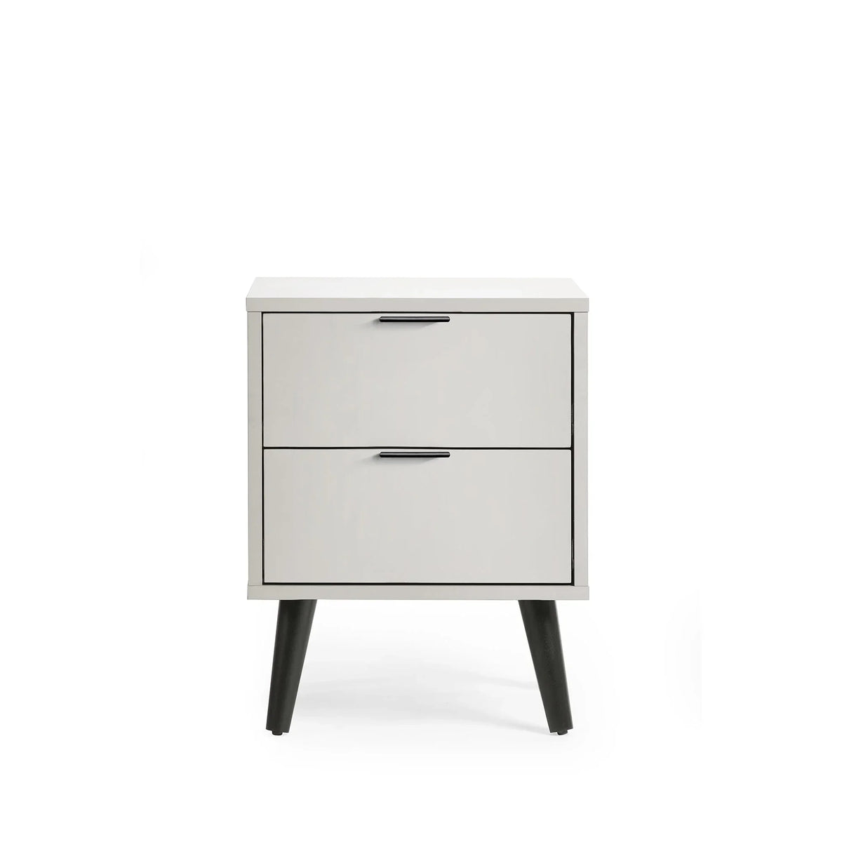 Silk grey two drawer bedside table with black legs and metal handles, front view