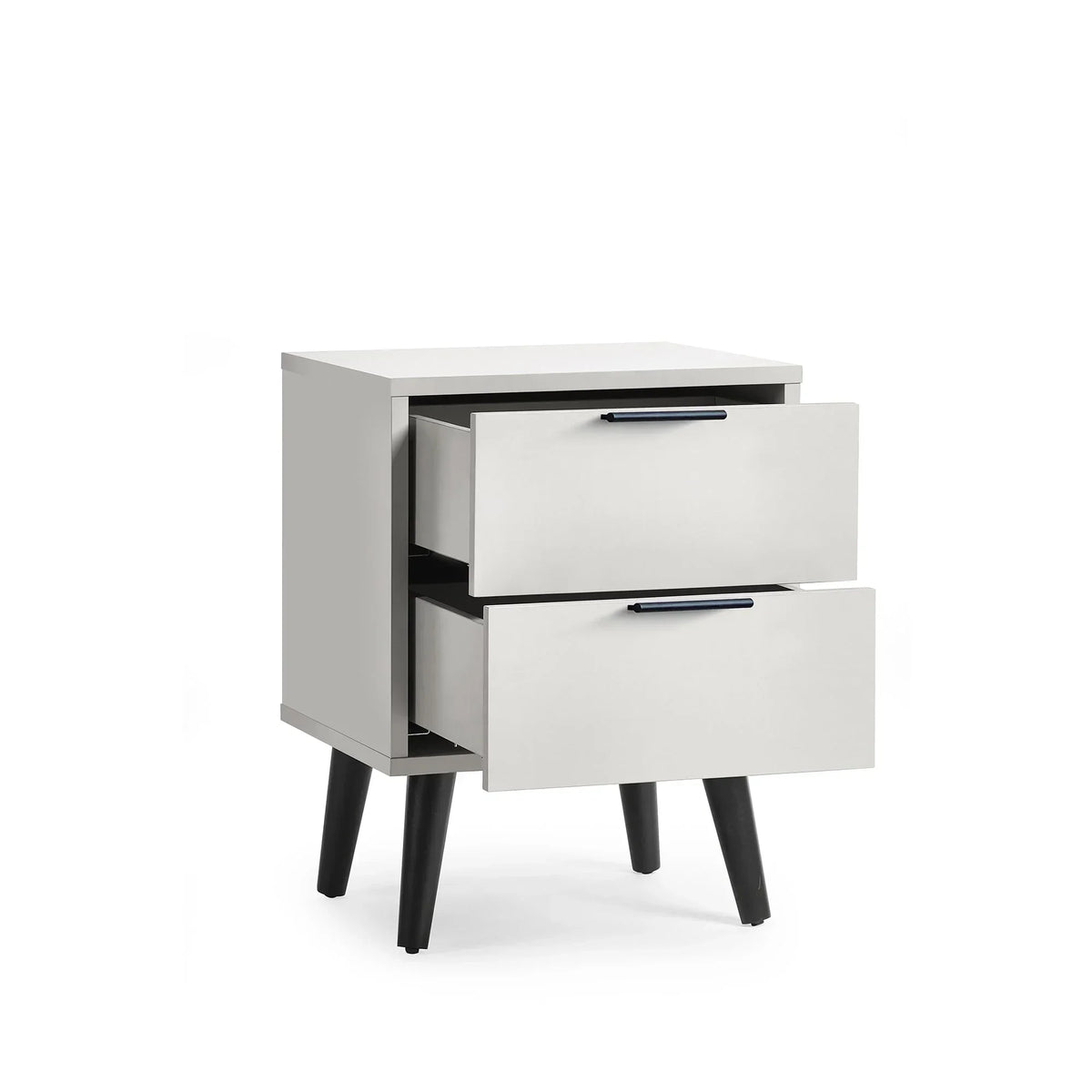 Silk grey 2 drawer bedside table with black handles and tapered legs, drawers open