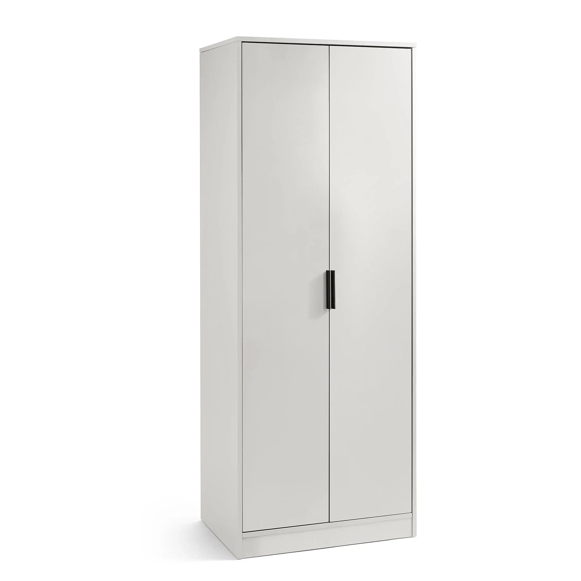 Silk grey two door wardrobe with black handles and minimalist design on white background