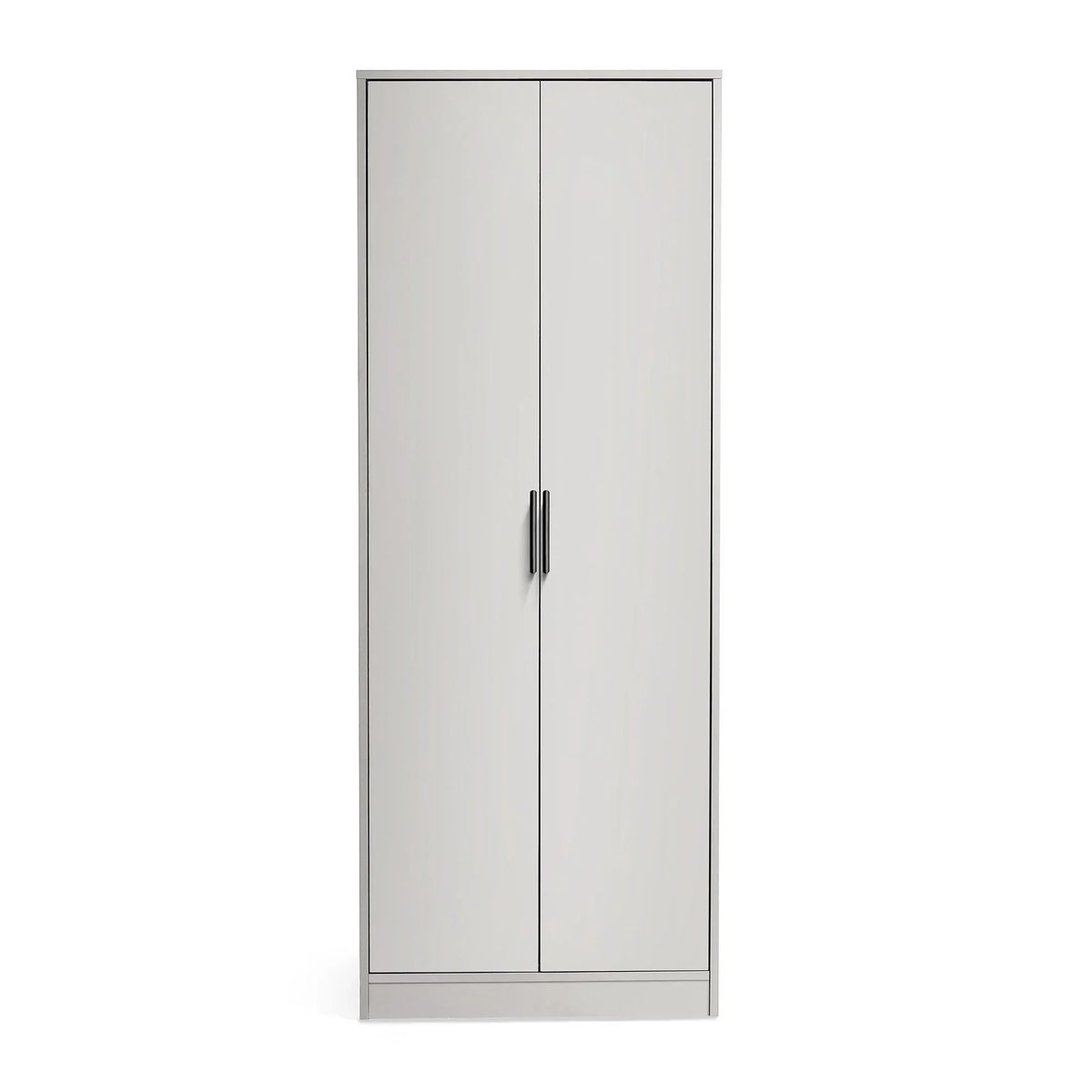 Silk grey 2 door wardrobe with black handles and minimalist design on white background