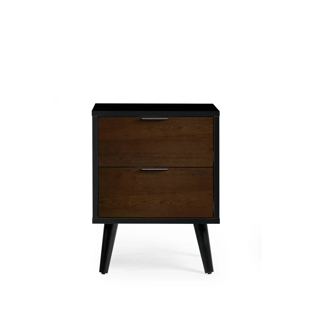 Walnut two drawer bedside table with black frame and angled legs on white background