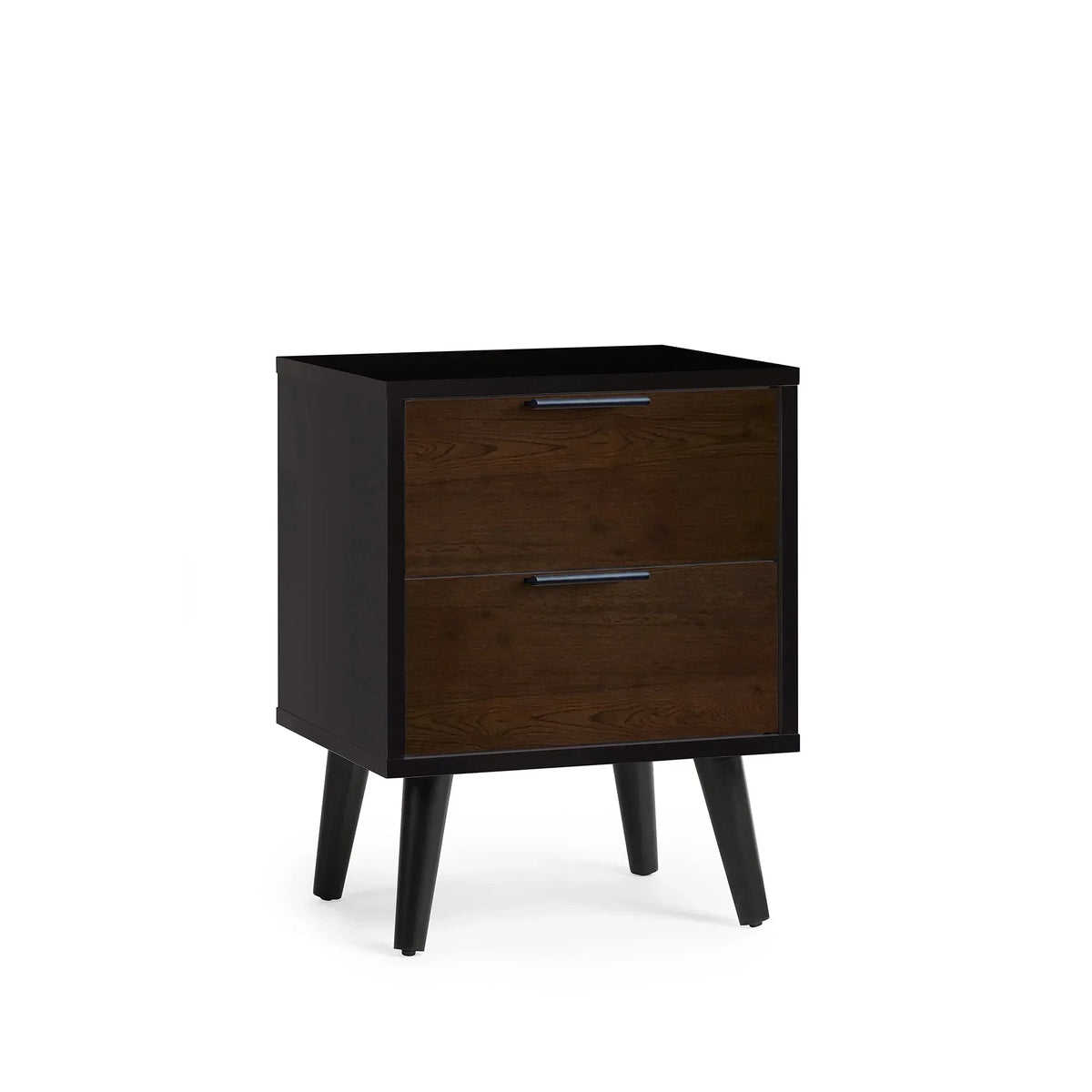 Walnut and black bedside table with two drawers and angled legs on white background