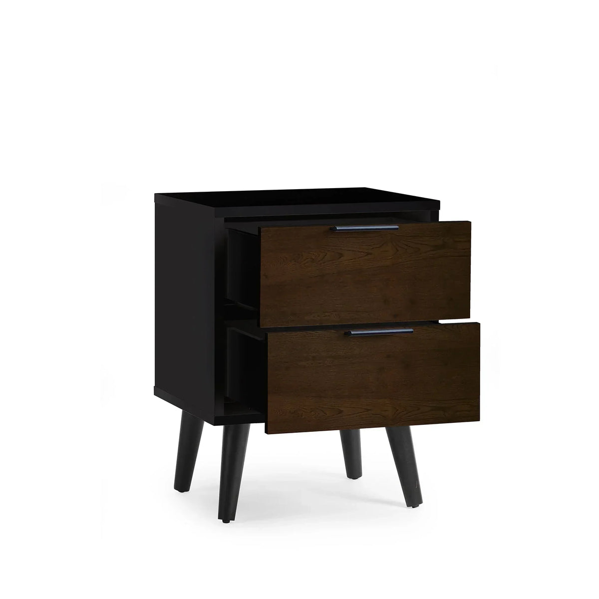 Walnut and black bedside table with two open drawers and angled legs