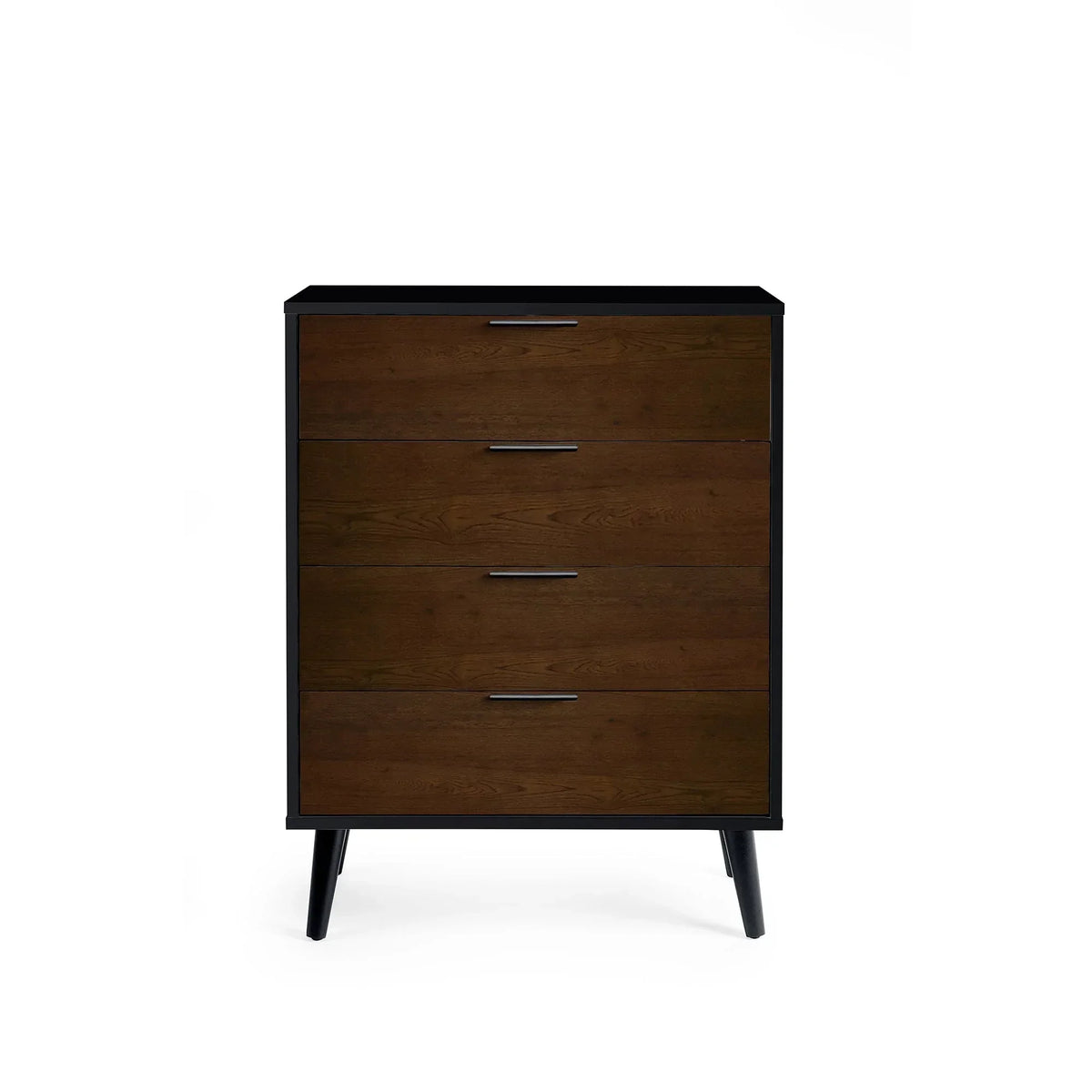 Walnut and black four drawer chest with metal handles and tapered legs front view