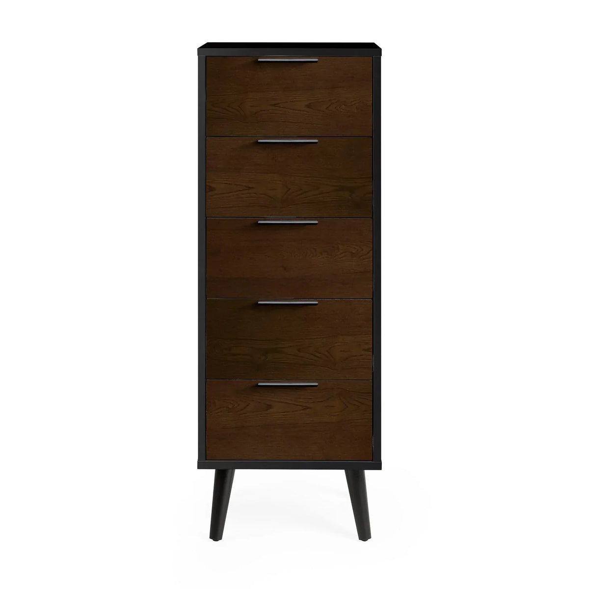 Walnut tallboy chest of drawers with black frame and metal handles, front view