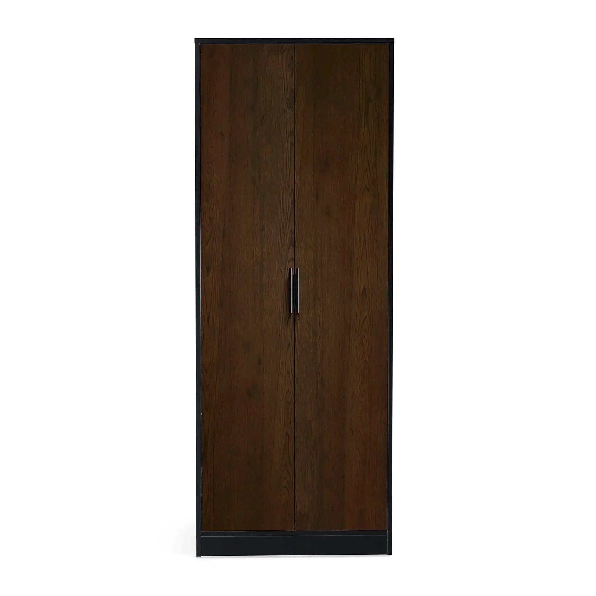 Walnut two door wardrobe with black frame and silver handles front view