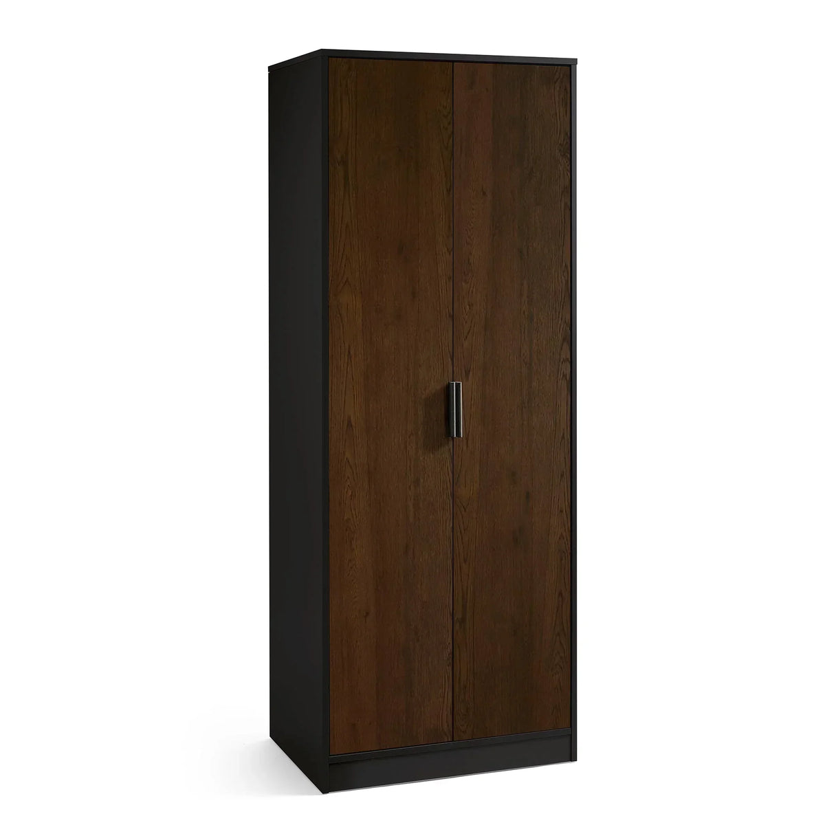 Walnut and black two door wardrobe with metal handle, front view on white background