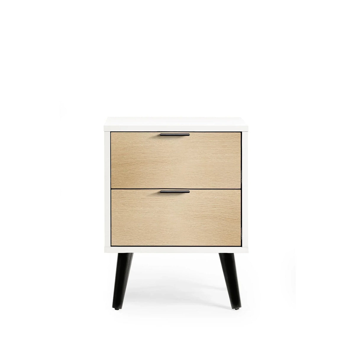 White and oak bedside table with two drawers and black legs, front view