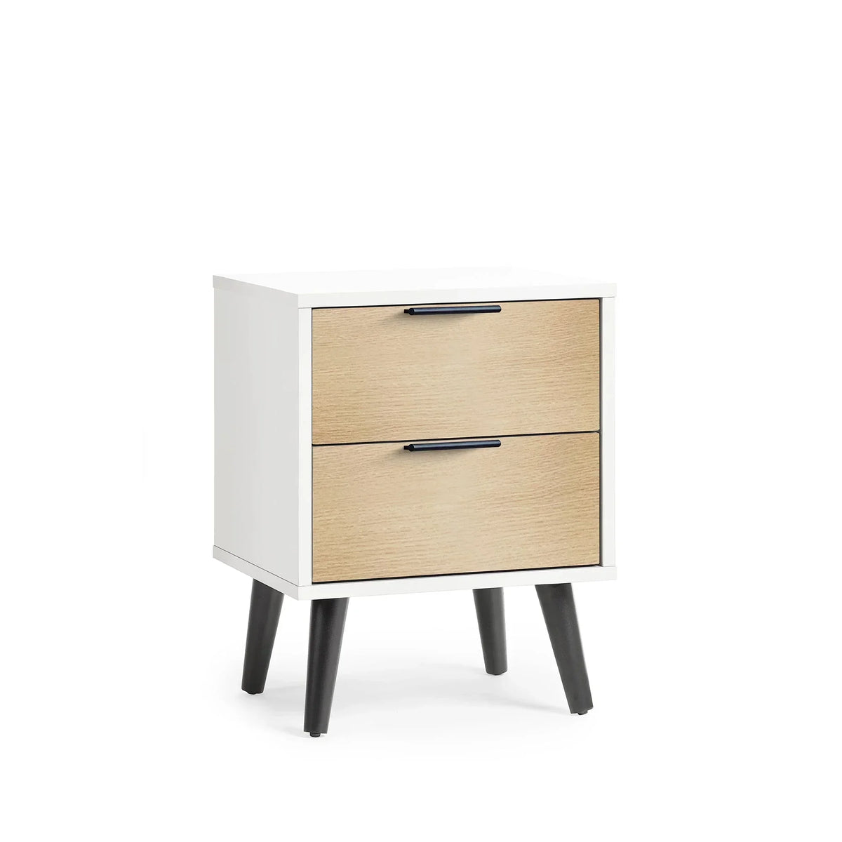 White and oak two drawer bedside table with black handles and angled legs