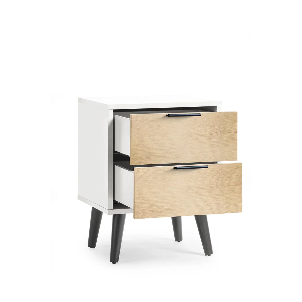 White and oak bedside table with two open drawers and black legs, angled front view