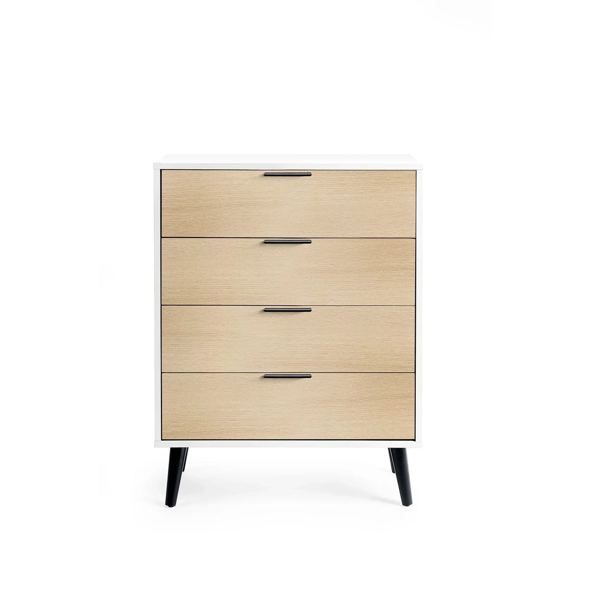 White oak 4 drawer chest with black handles and angled legs on white background