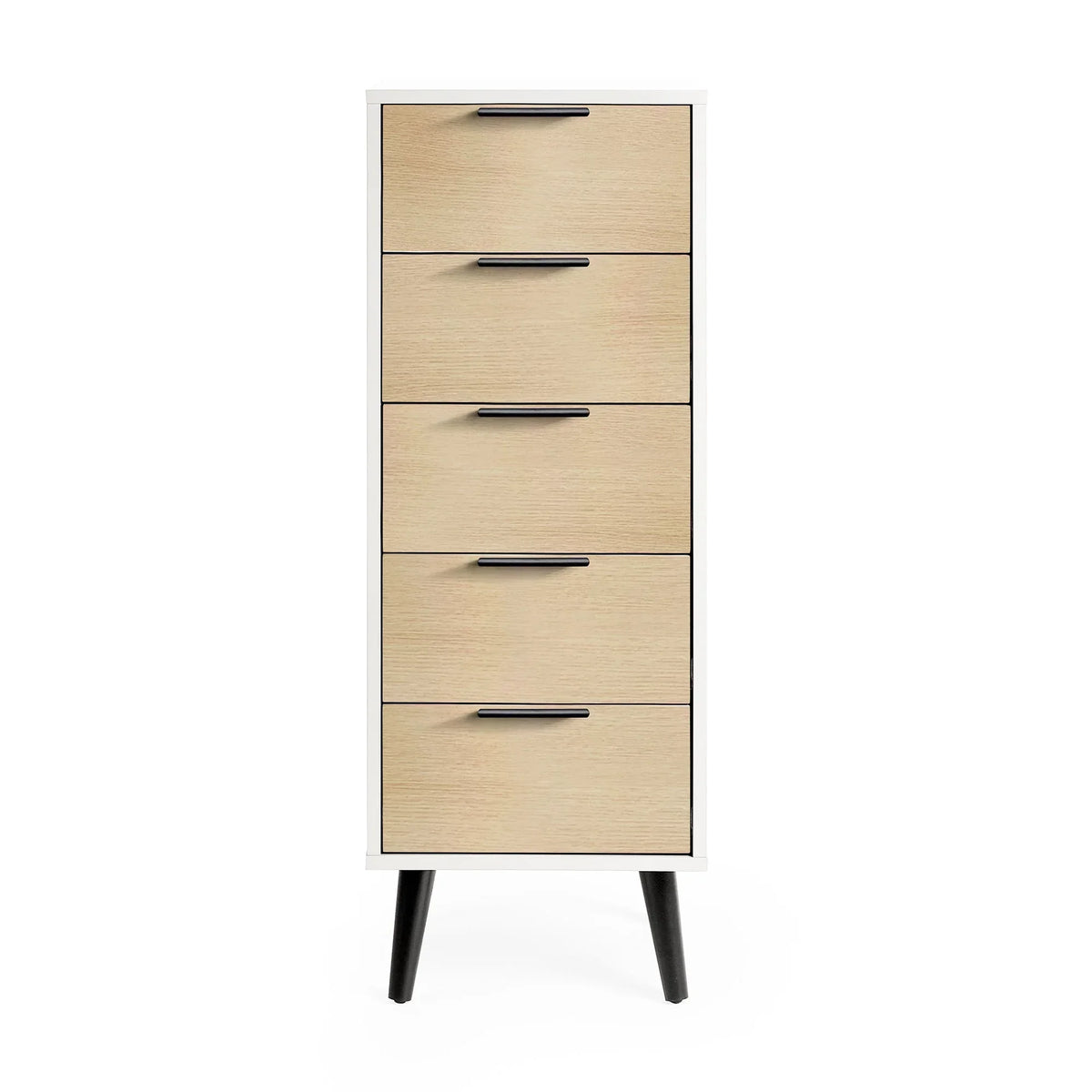 White and oak tallboy with five drawers and black handles on angled legs, front view