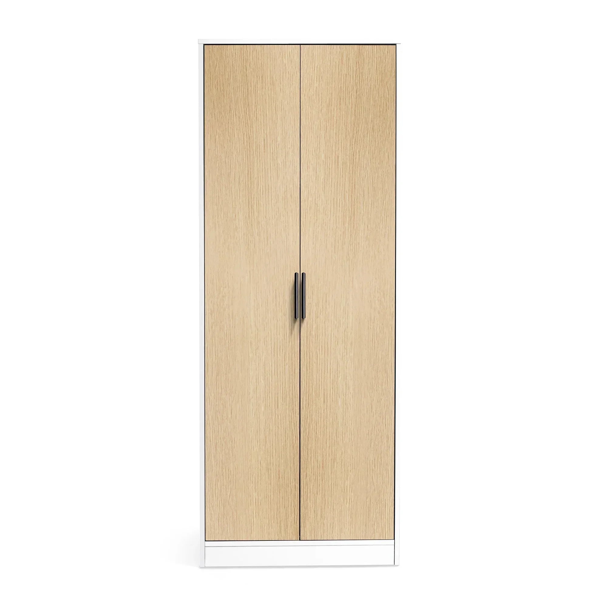 Two door wardrobe with oak finish and black handles, white frame, front view