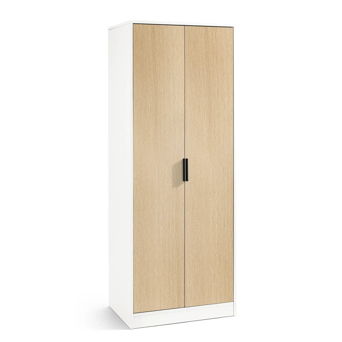 Two door wardrobe with oak finish doors, white frame, and black handle, front angle view