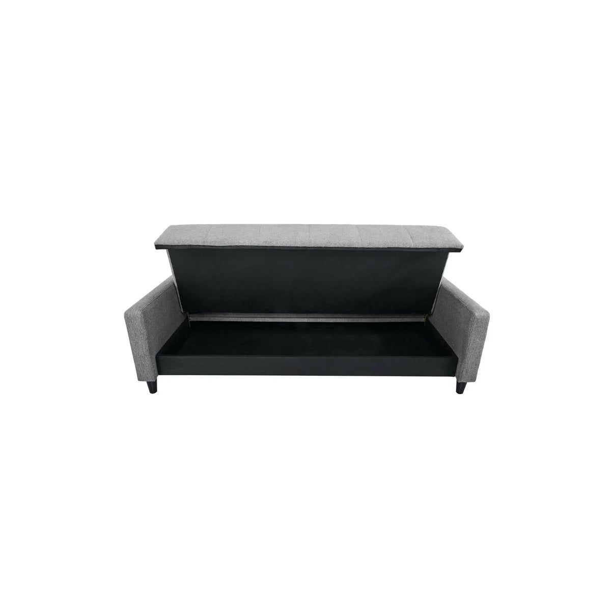 Grey fabric sofa bed with open storage compartment, front view