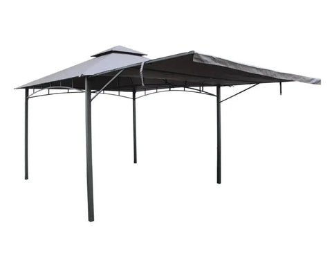 Grey metal awning gazebo with flat roof and open sides for outdoor garden shade