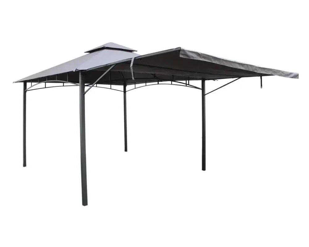 Grey metal awning gazebo with flat roof and open sides for outdoor garden shade