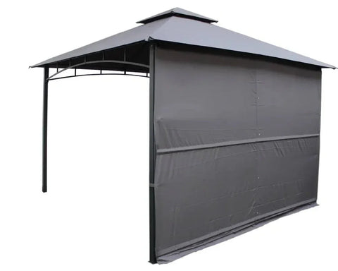 Grey awning gazebo with metal frame and fabric side panel, angled outdoor view
