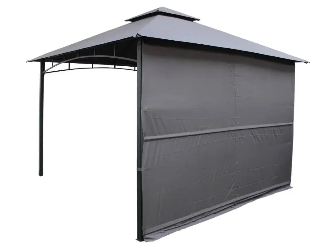 Grey awning gazebo with metal frame and fabric side panel, angled outdoor view