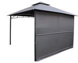 Grey awning gazebo with metal frame and fabric side panel, angled outdoor view
