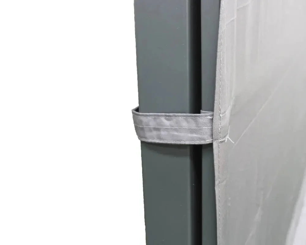 Grey fabric sidewall attached to aluminium post on Algarve gazebo awning
