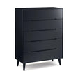 Anthracite five drawer chest with sleek handles and angled legs, front angled view