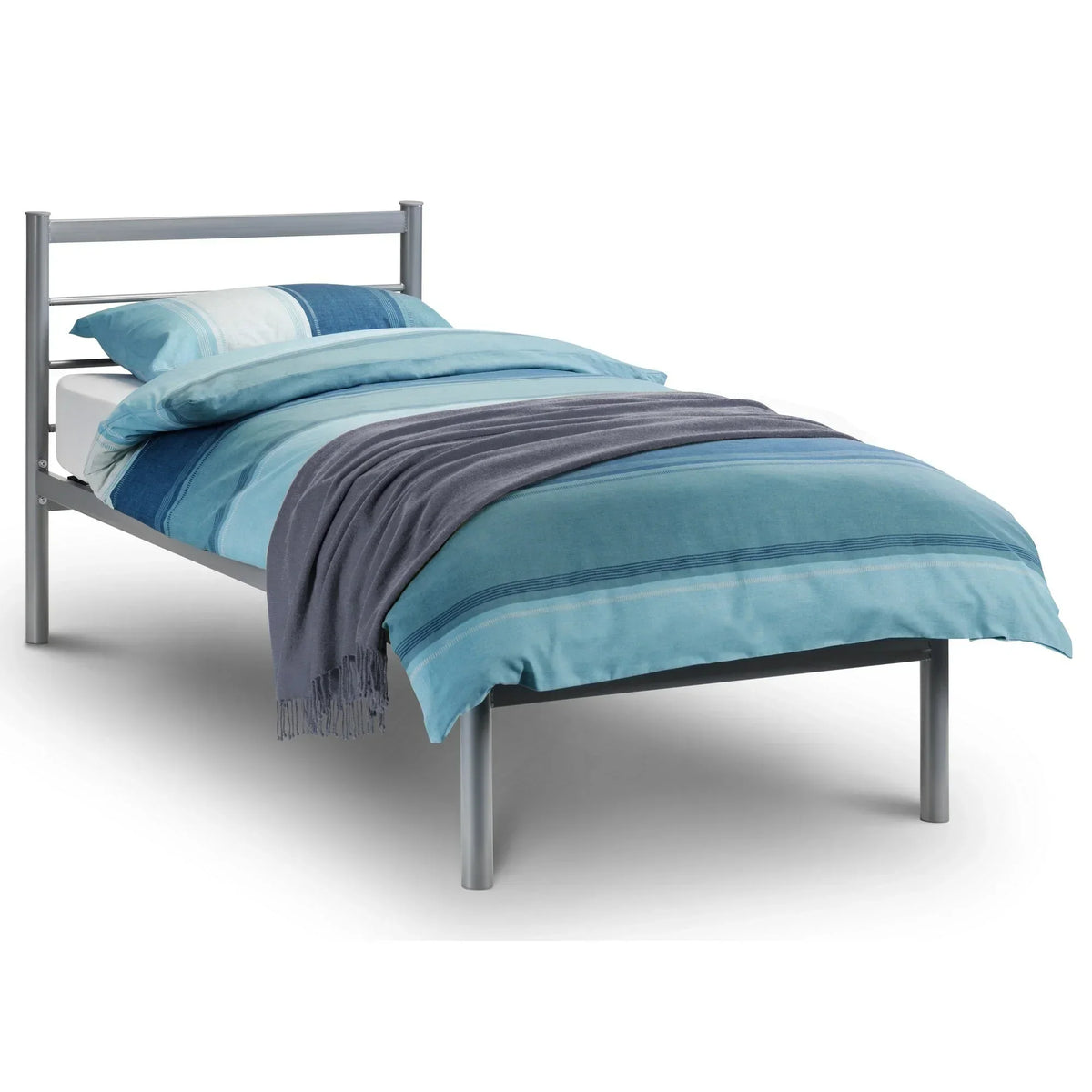 metal single bed frame with blue bedding and grey blanket, front angle view
