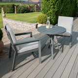 Grey outdoor aluminum bistro set with two cushioned chairs and round table on patio deck