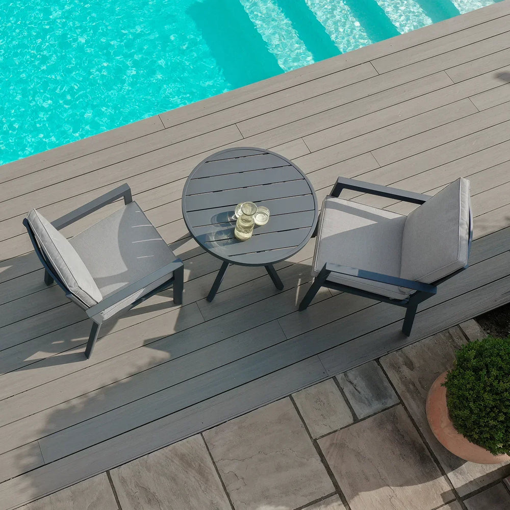 Grey aluminium outdoor bistro set with round table and two chairs by a pool on decking