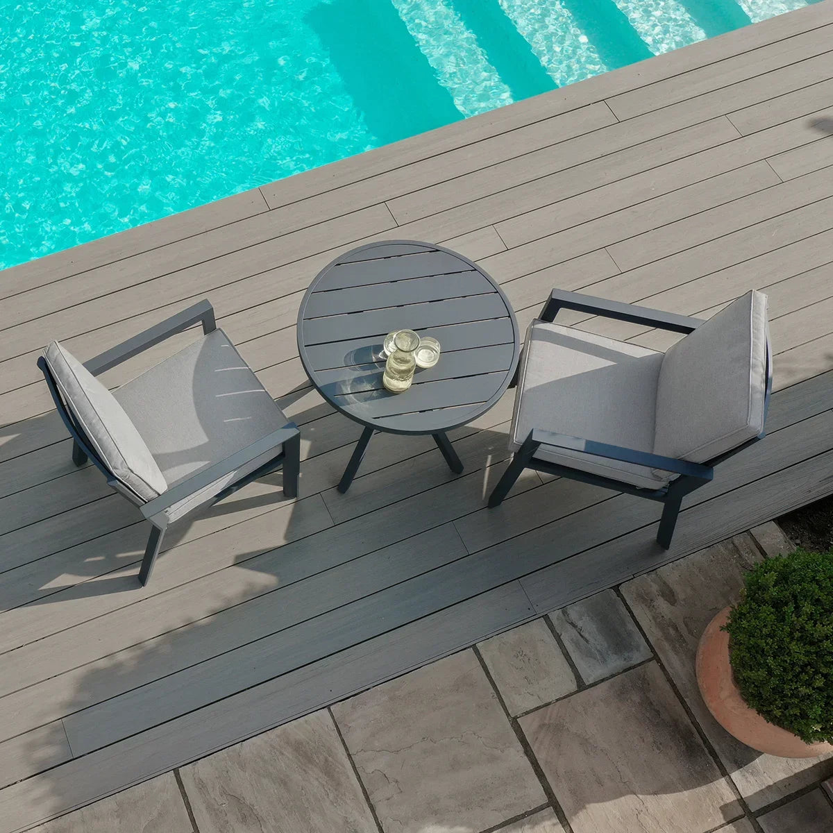 Grey aluminium outdoor bistro set with round table and two chairs by a pool on decking