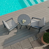 Grey aluminium outdoor bistro set with round table and two chairs by a pool on decking
