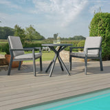 Aluminium outdoor bistro set with two grey cushioned chairs and round table by pool