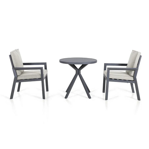 Aluminum bistro set with round table and two grey cushioned chairs