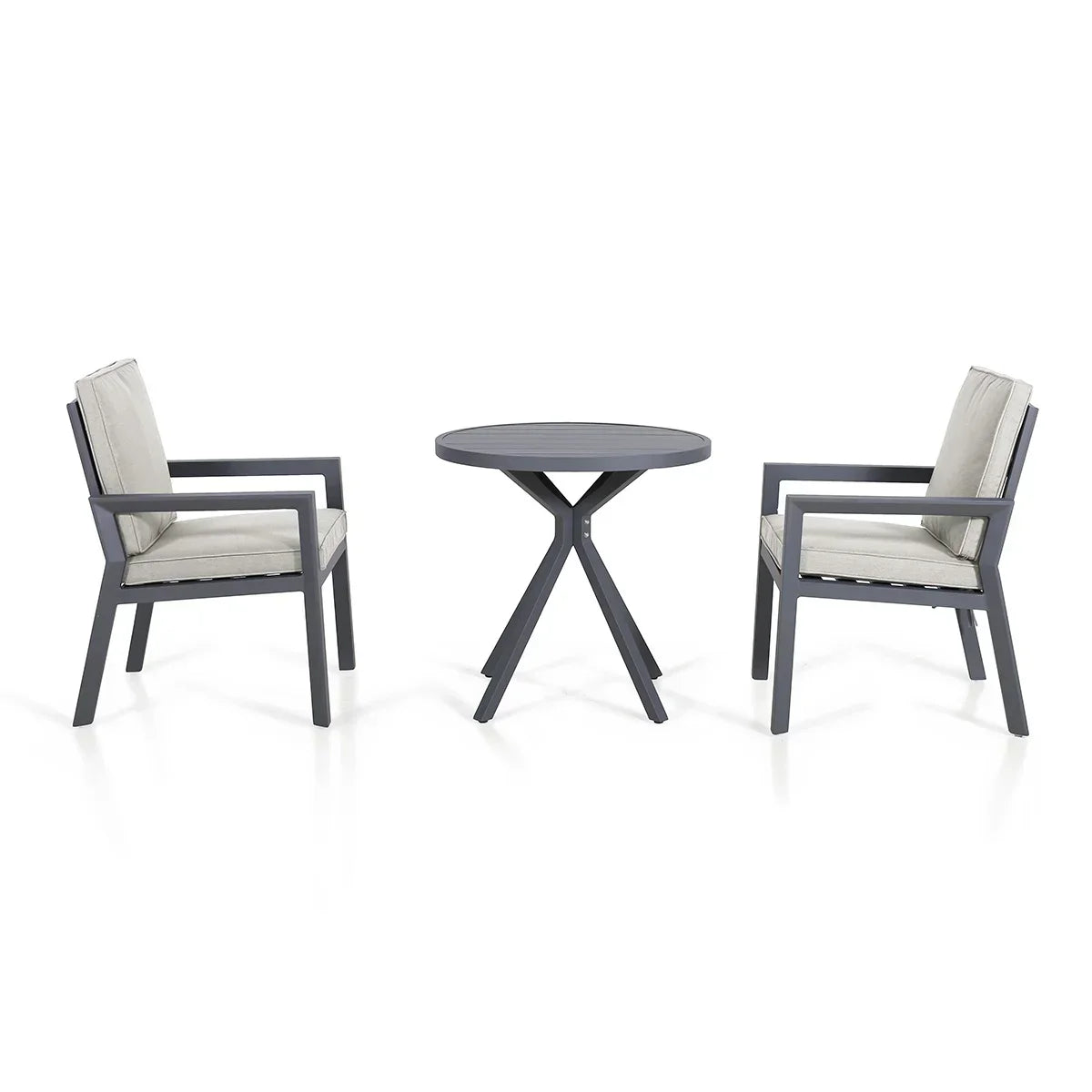 Aluminum bistro set with round table and two grey cushioned chairs