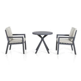Aluminum bistro set with round table and two grey cushioned chairs