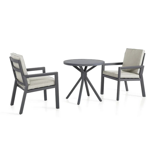 Aluminium outdoor bistro set with round table and two cushioned chairs in dark grey finish
