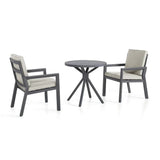 Aluminium outdoor bistro set with round table and two cushioned chairs in dark grey finish