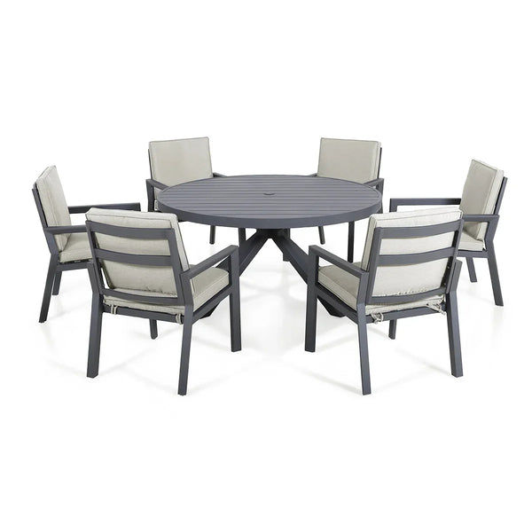 Grey aluminum outdoor dining set with round table and six cushioned chairs