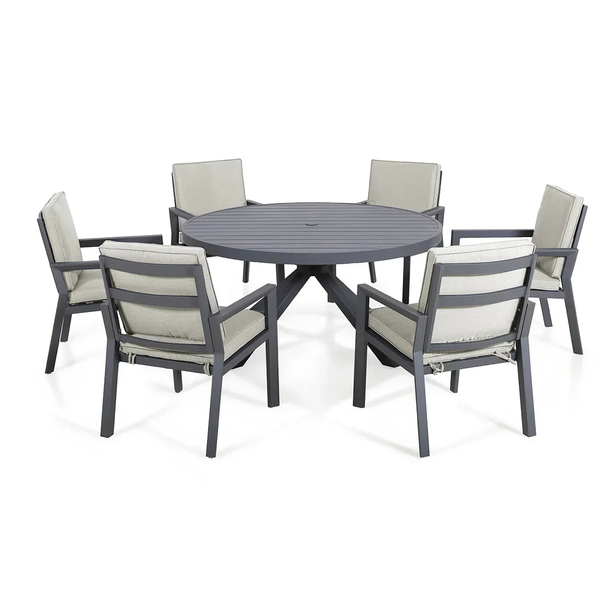Grey aluminum outdoor dining set with round table and six cushioned chairs